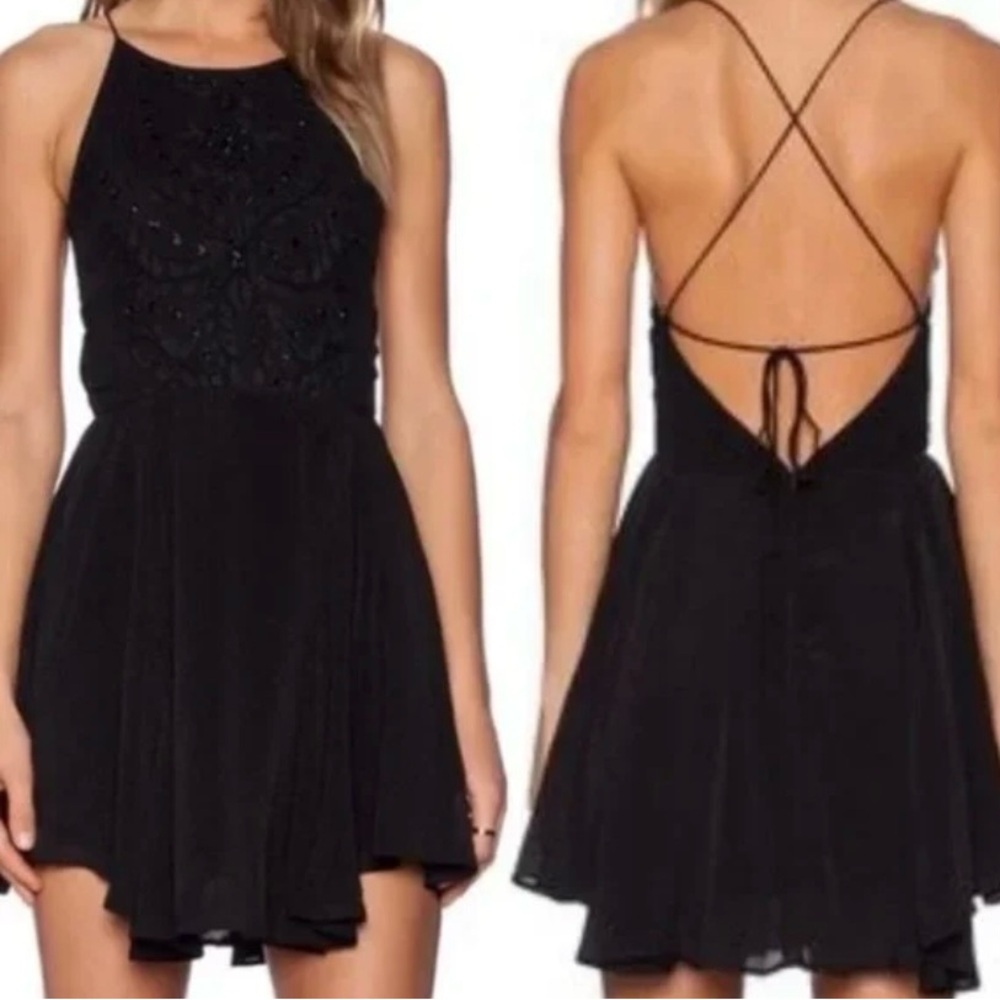 Lovers + Friends Jasmine Black Halter Mini Dress Lace Beaded Criss Cross Small